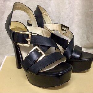 Like-New Michael Kors, Gold Buckle Straps Black Leather Platform Heels